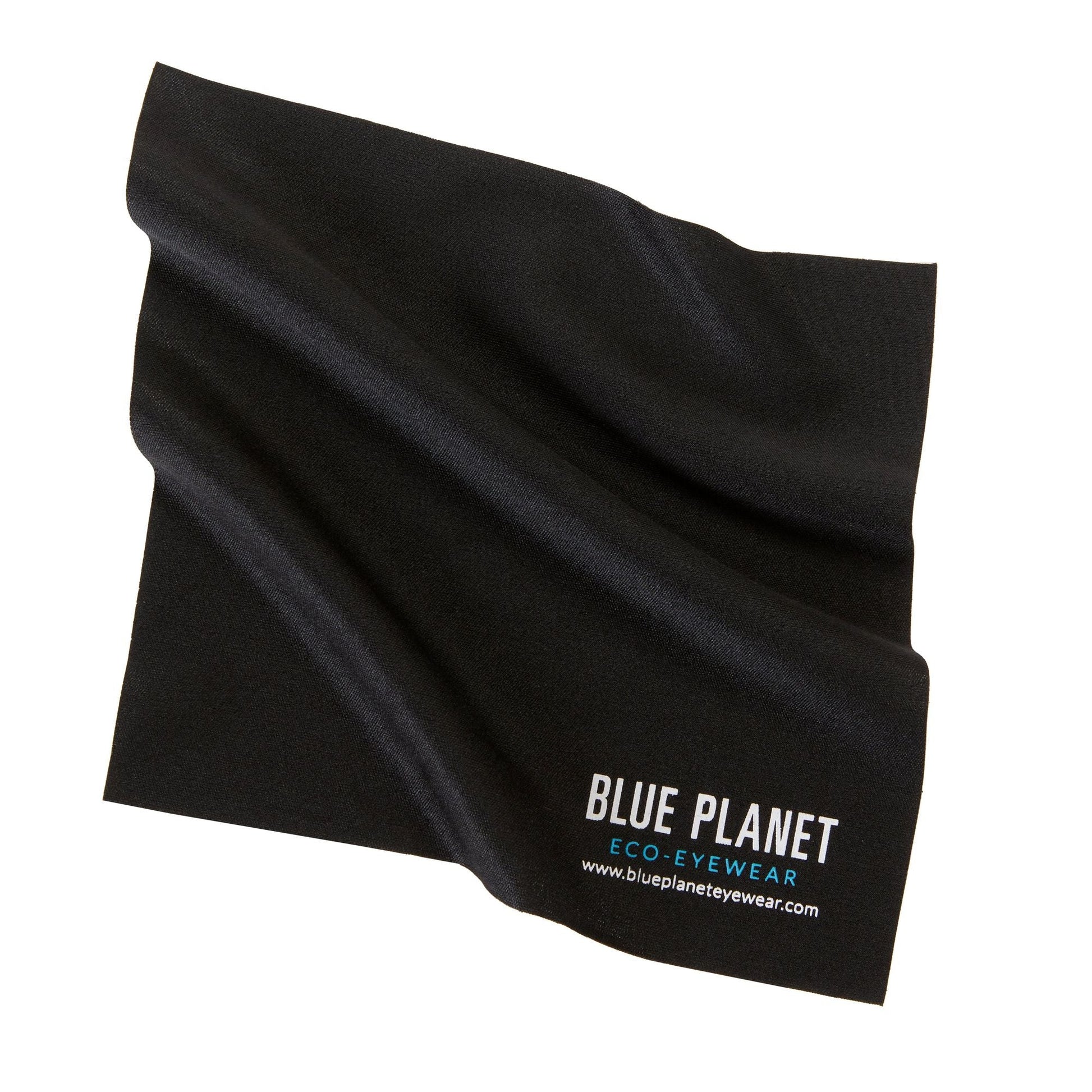 Black cleaning cloth with Blue Planet eco eyewear logo text