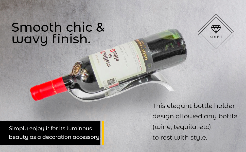 Curved chrome bottle holder with smooth wavy cradle for a bottle