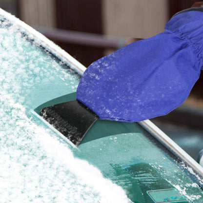 Purple ice scraper glove scraping frost off car glass with black edge