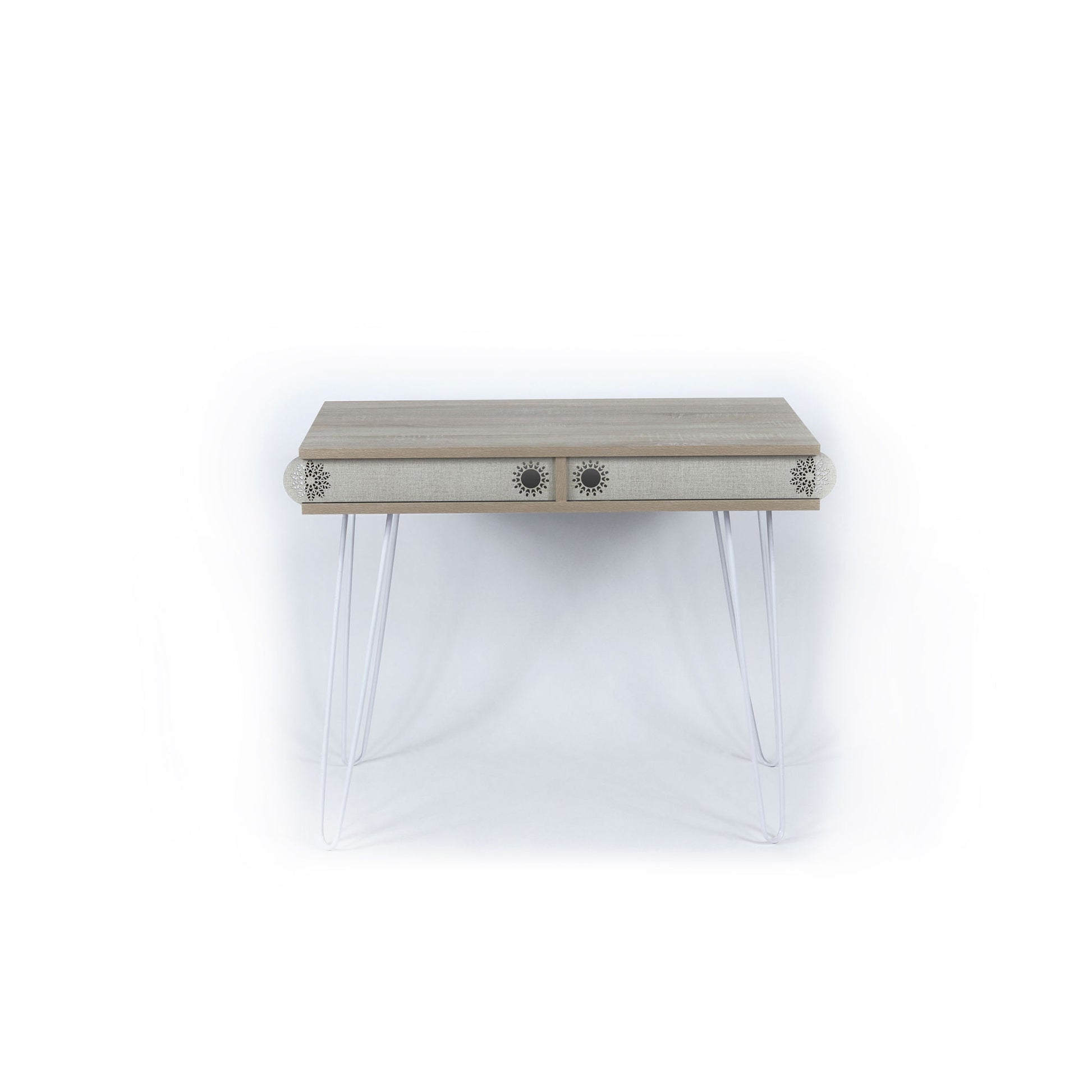 Two-tier modern desk with light wood tabletop, metal legs, and front shelf