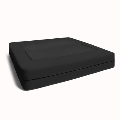Black microsuede modular ottoman bench with rounded corners and stitched top