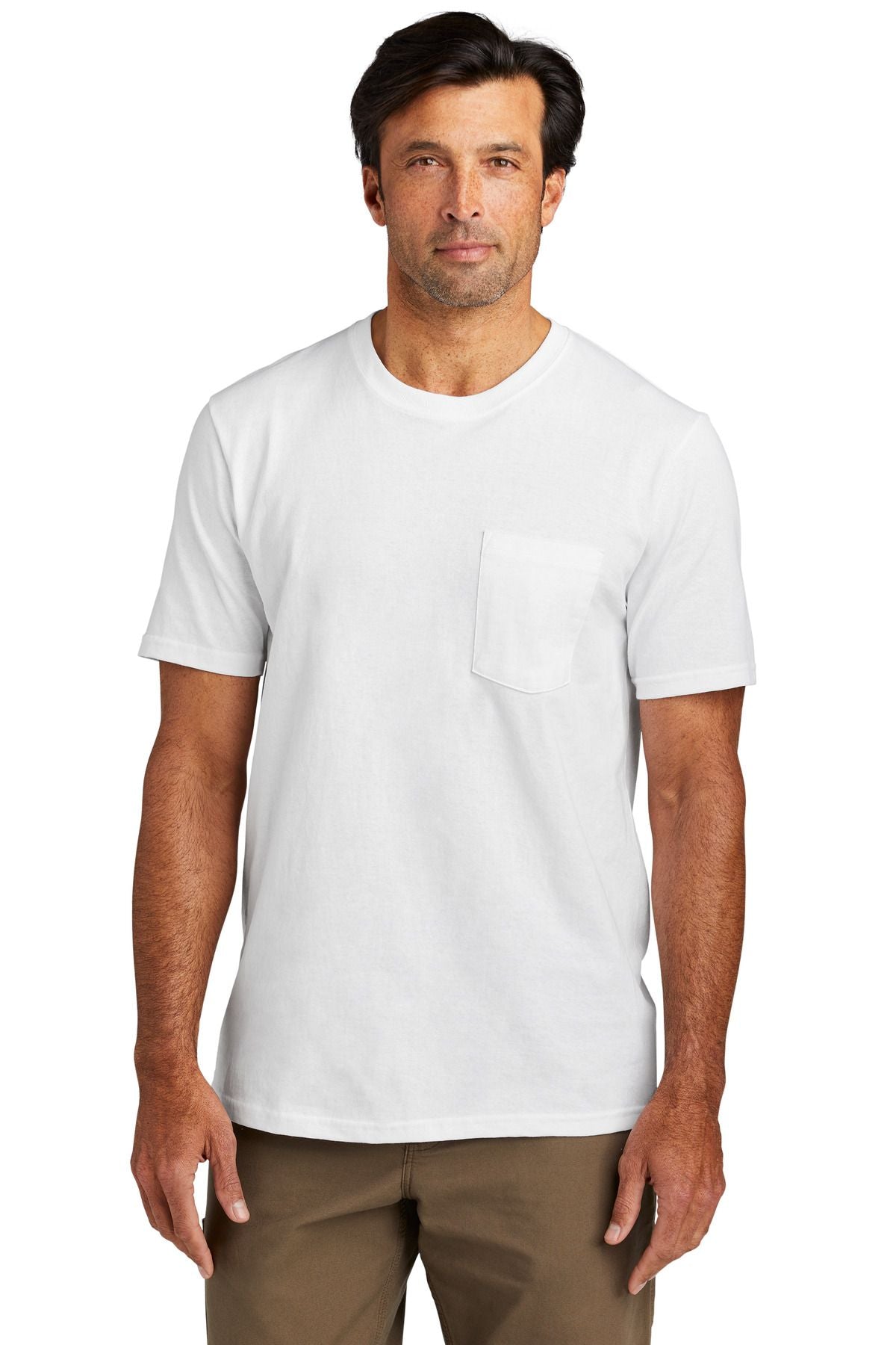 White crew-neck pocket tee with short sleeves and chest pocket