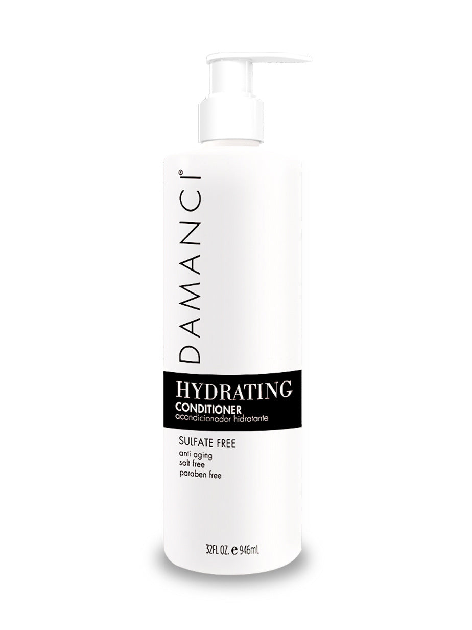 DAMANCI hydrating conditioner bottle with pump, white cylinder and black label