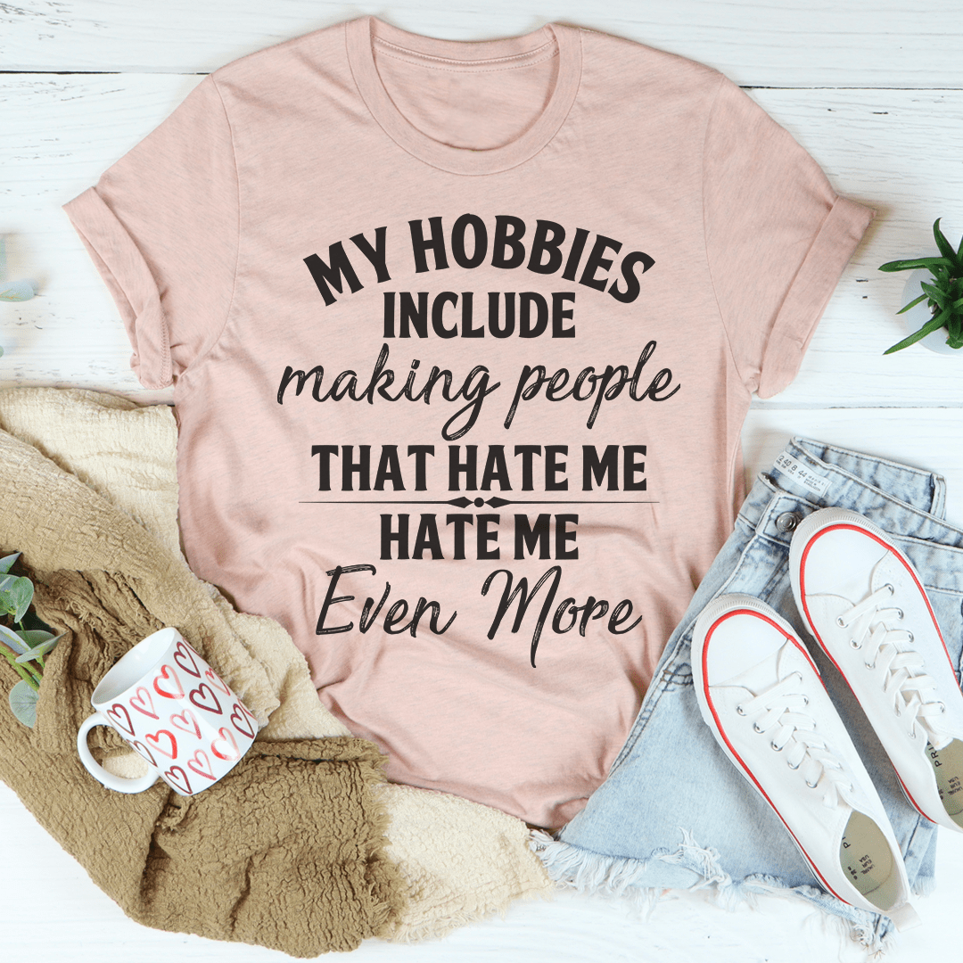 Mauve heather short-sleeve T-shirt with front 'My Hobbies' and 'Even More' print