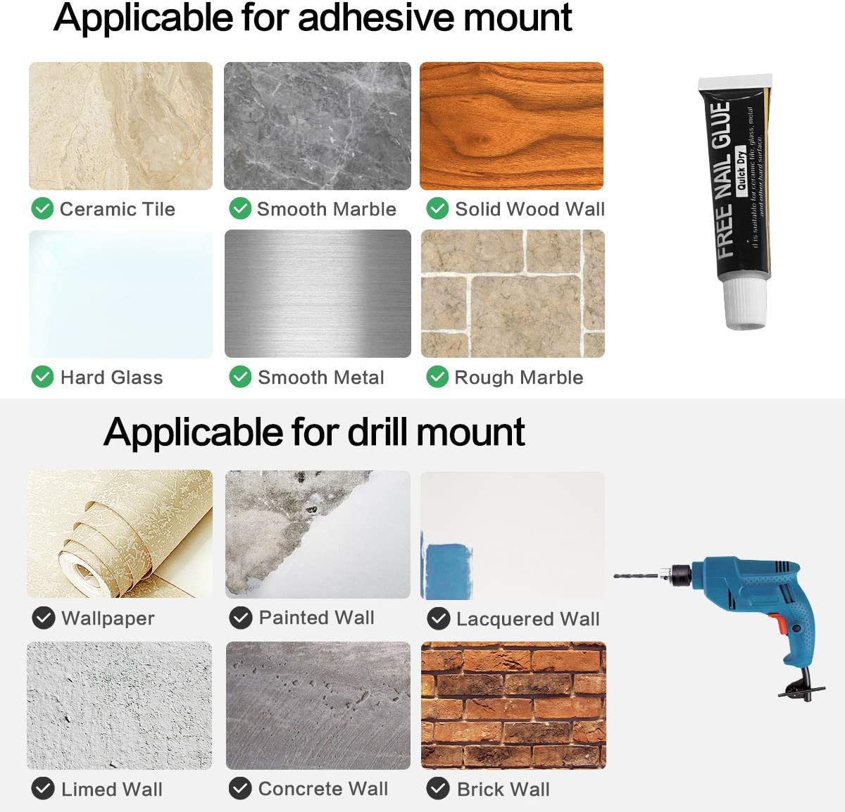 Corner shower caddy mounting guide for adhesive and drill installation surfaces