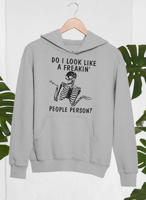 Athletic grey pullover hoodie with front graphic skull and skeleton plus “People Person?” slogan