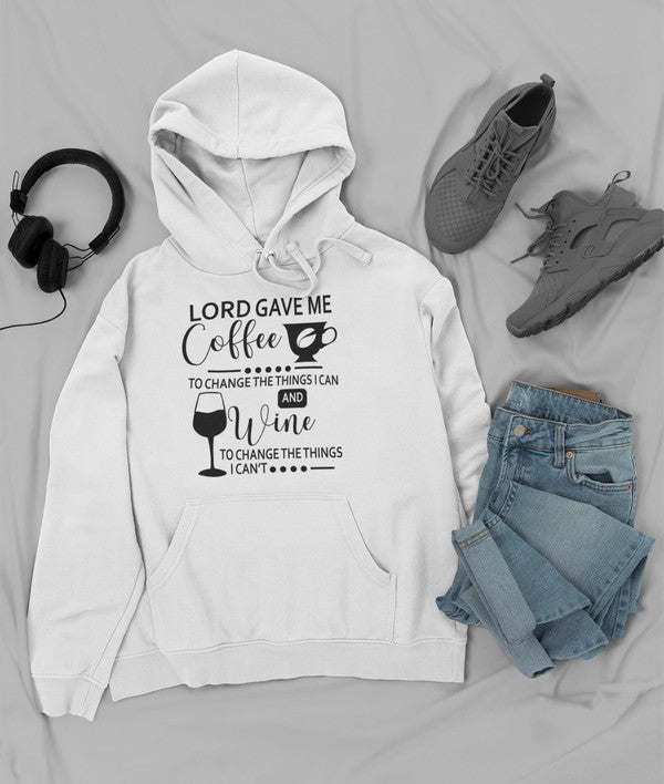 Light-colored coffee-themed hoodie with centered print graphic and relaxed hood