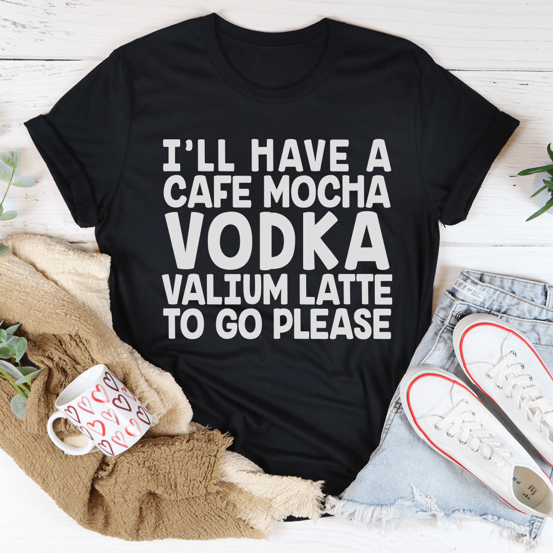 Black T-shirt with bold novelty text graphic reading "VODKA"