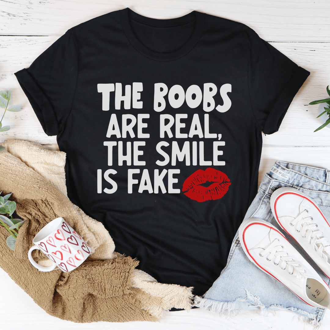 Black crewneck T-shirt with bold white slogan text and red lips graphic