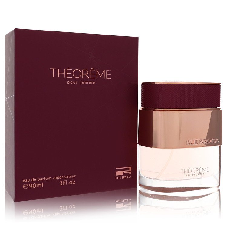 Rue Broca Theoreme eau de parfum bottle with gold cap and maroon box