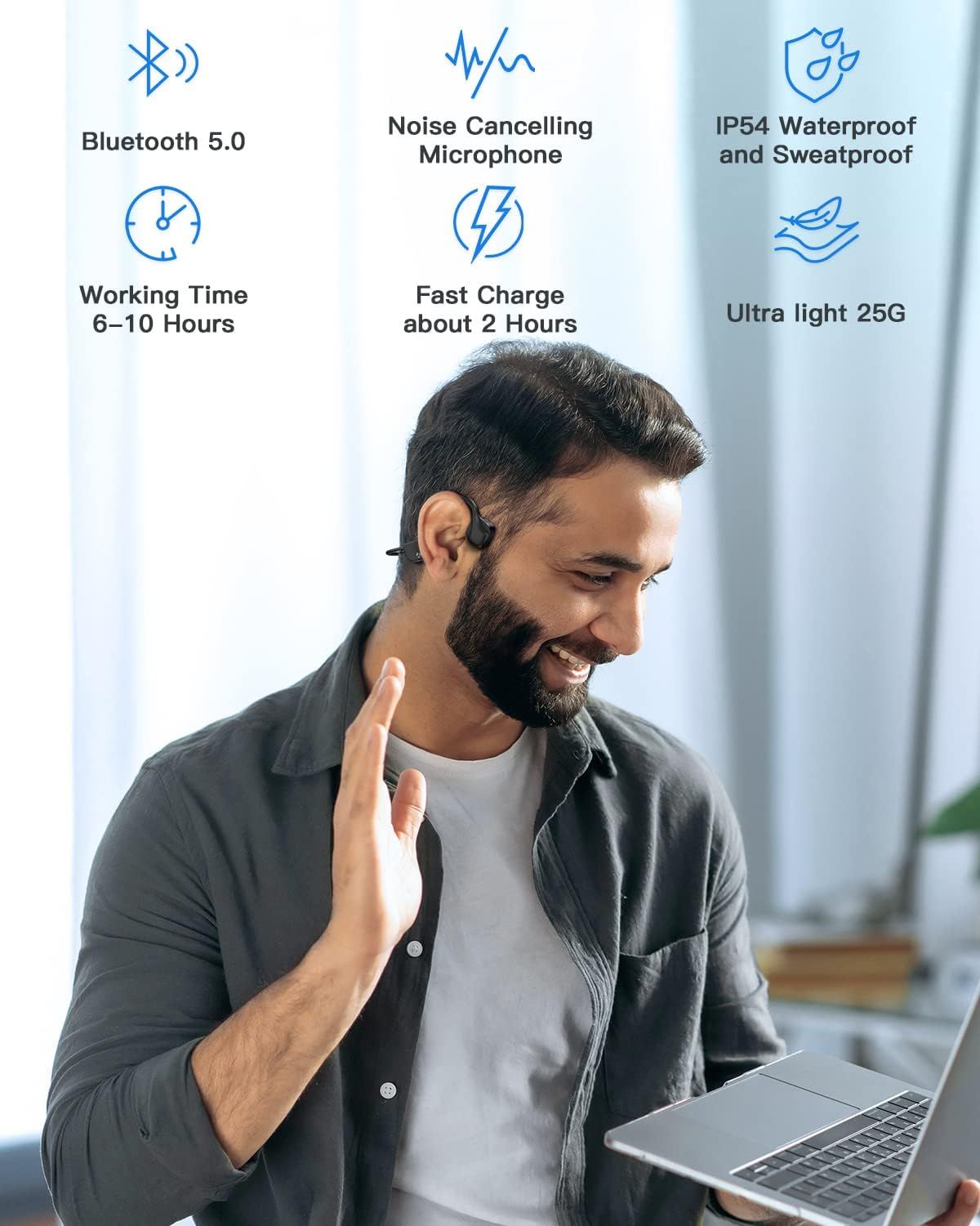 Sport Wireless Bone Conduction Earphones – Open-Ear Safety Design, IPX6 Sweat-proof, 8 Hrs Call