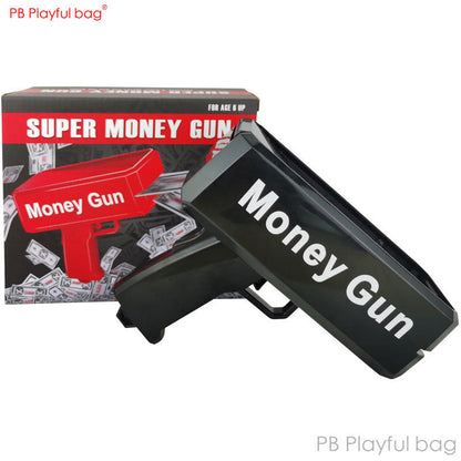Black and red boxed money gun toy package with “Super Money Gun” text
