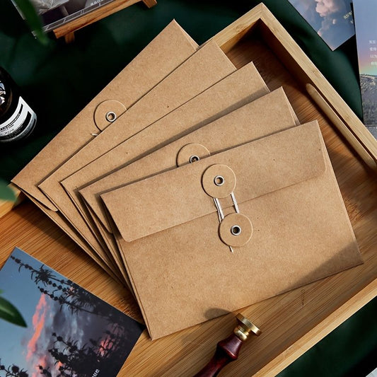 Set of kraft paper envelopes with round eyelet closure in wooden tray