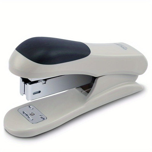 White desktop stapler with black top and silver metal staple holder