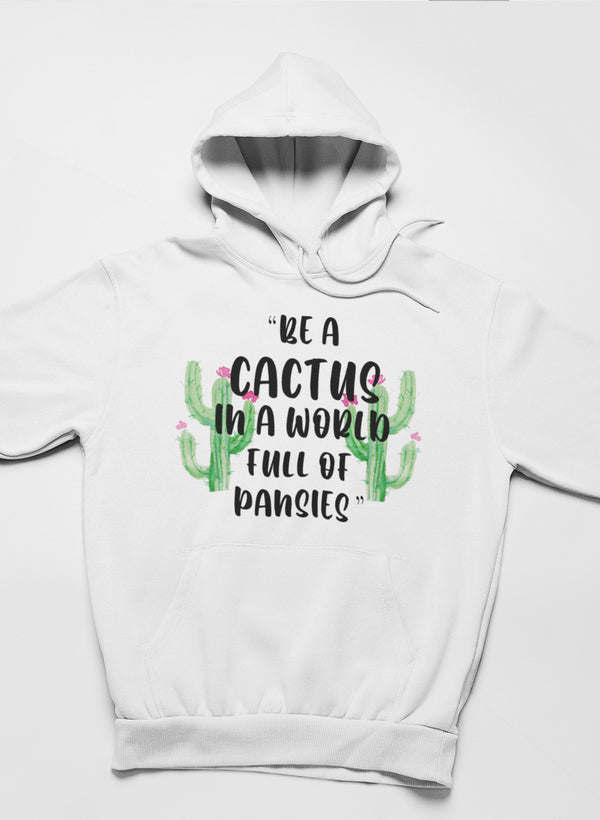 White pullover hoodie with front hood and cactus graphic text on chest