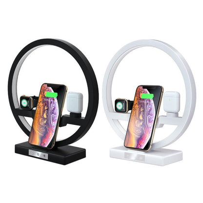 Wireless charger stand set featuring black and white rings for phone, watch, and earbuds