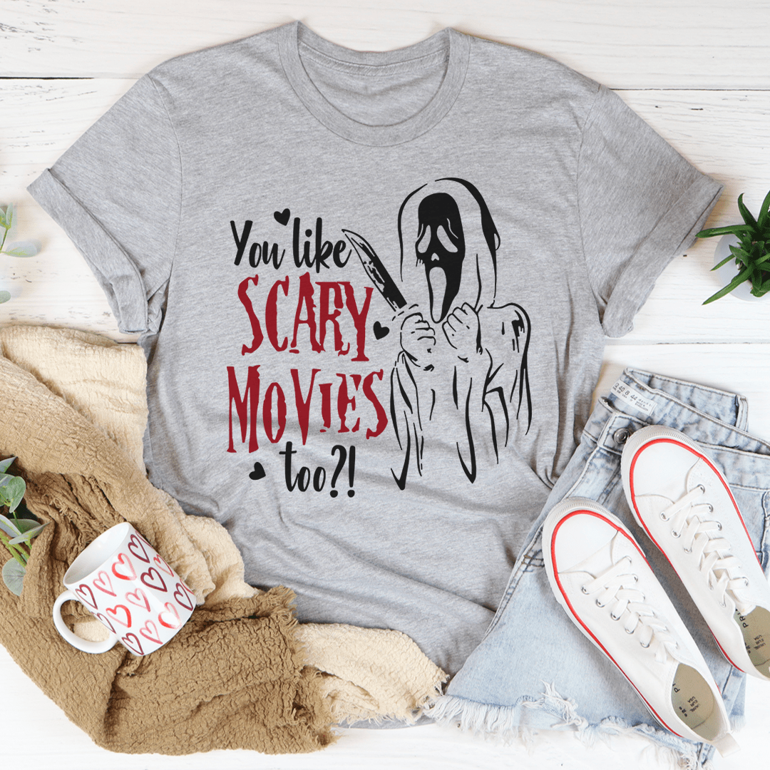 Heather grey graphic T-shirt with spooky ghost and red text print