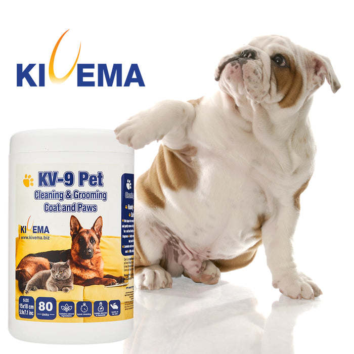 KV-9 Pet cleaning wipes container with a seated dog beside it