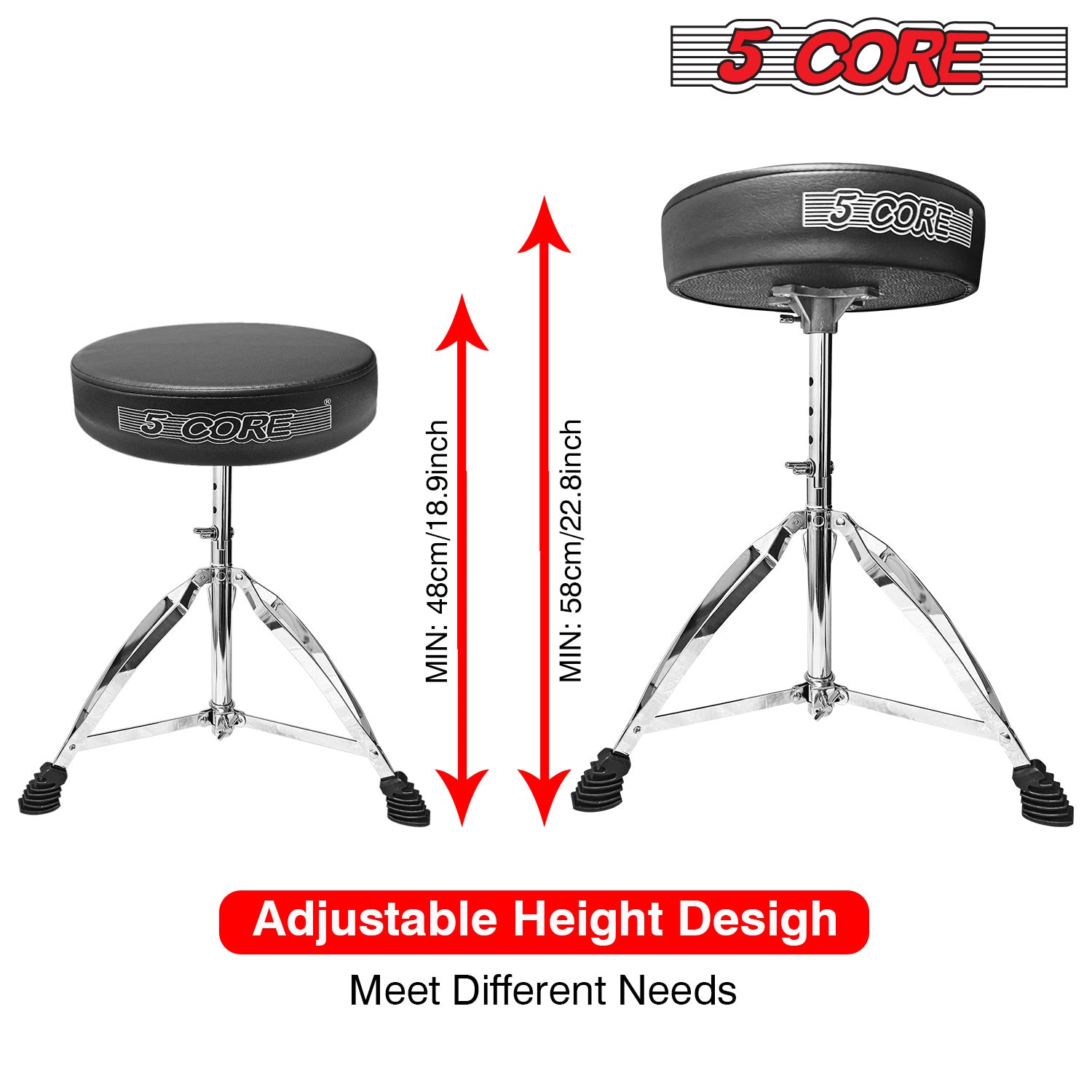 Black padded drum throne seat with chrome base showing adjustable height range