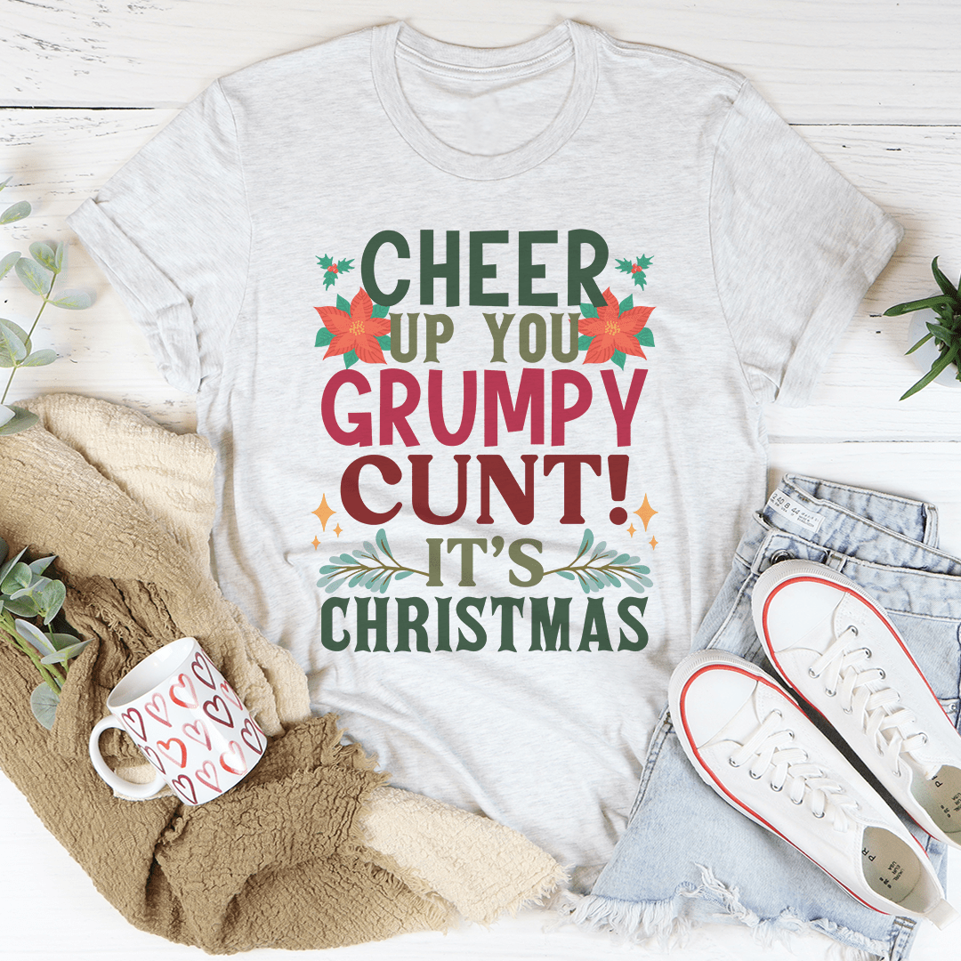 Christmas T-shirt with holiday lettering graphic, light heather gray, crew neck