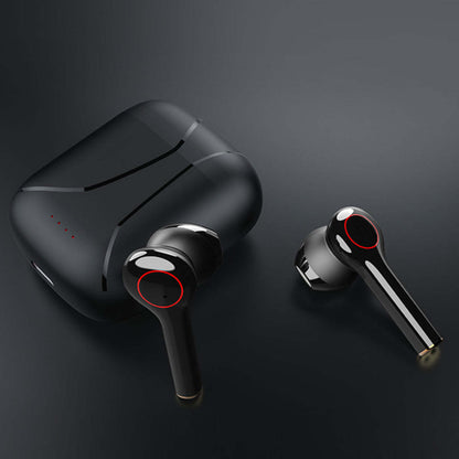 Black Bluetooth earbuds with charging case, angled view of both earbuds