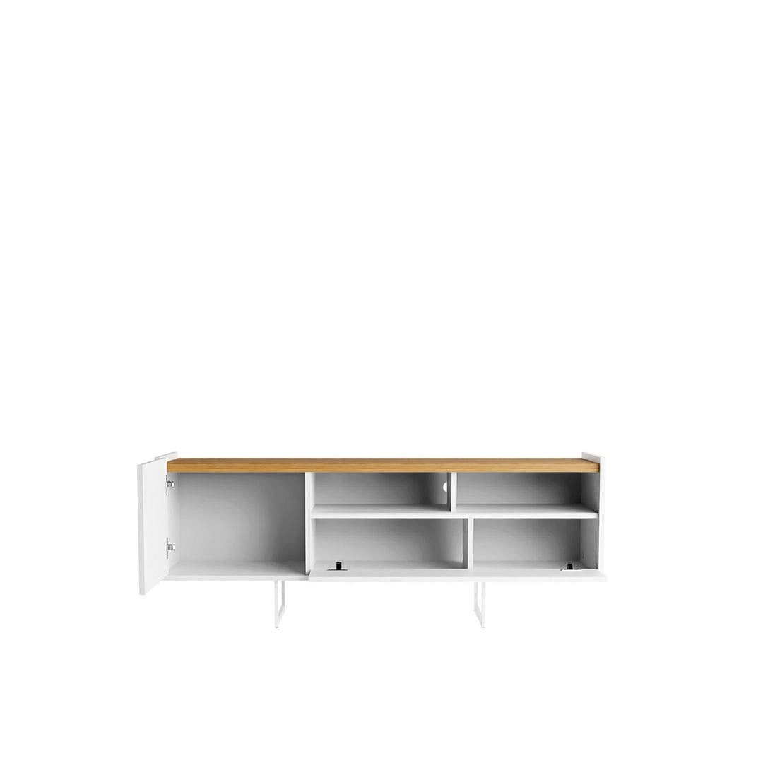 White TV stand with cinnamon top and open cubby shelves behind doors