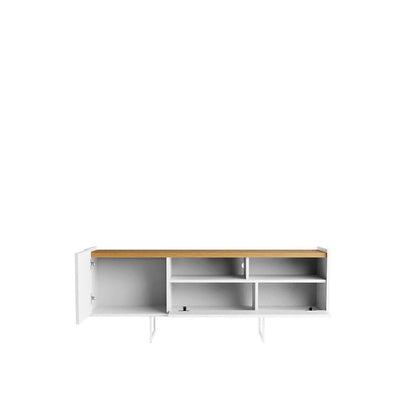 White TV stand with cinnamon top and open cubby shelves behind doors