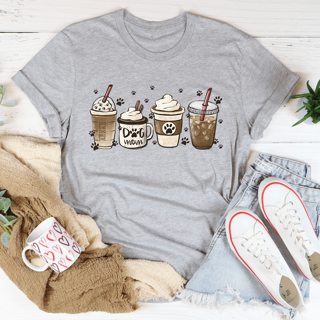 Dog mom fuel T-shirt, medium heather gray, graphic cups and paw prints with 'Dog mom' text