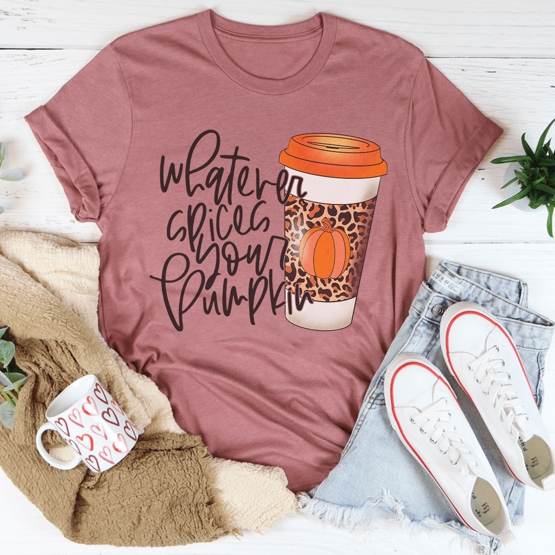 Graphic pumpkin coffee T-shirt in mauve pink with coffee-cup pumpkin spice graphic
