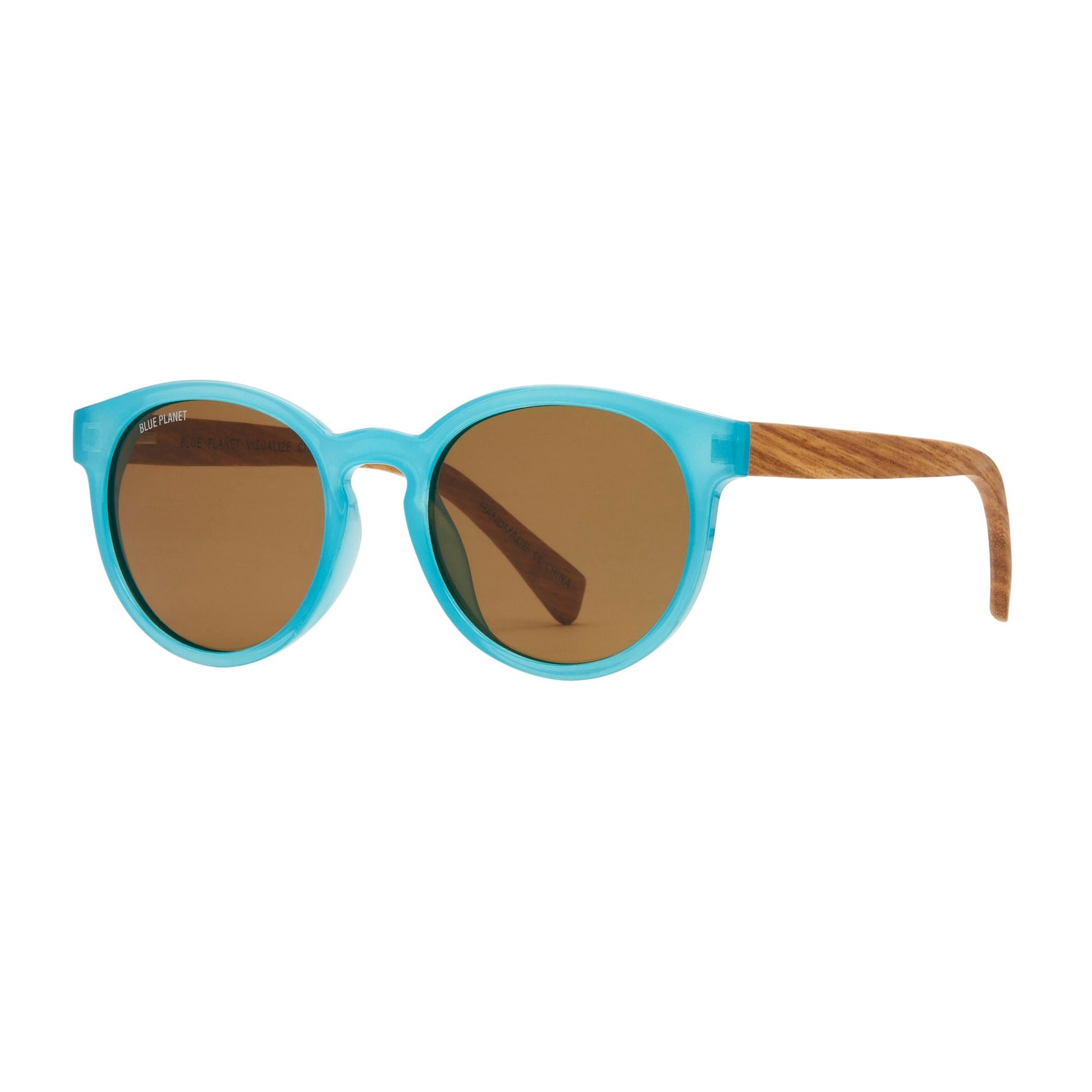 Turquoise round polarized sunglasses with brown lenses and wood-look temples