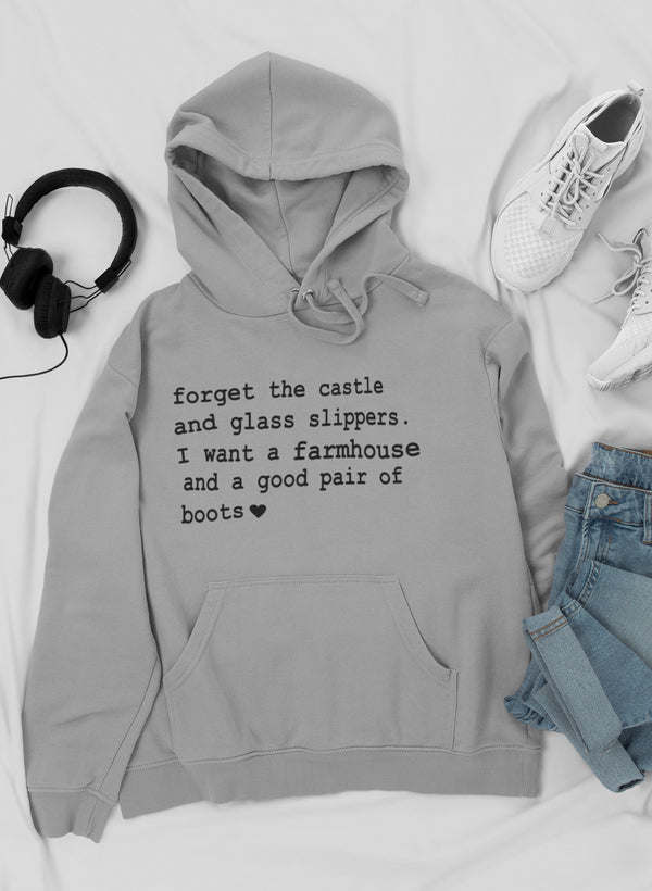 Light gray hoodie with kangaroo pocket, hood drawstrings, printed quote