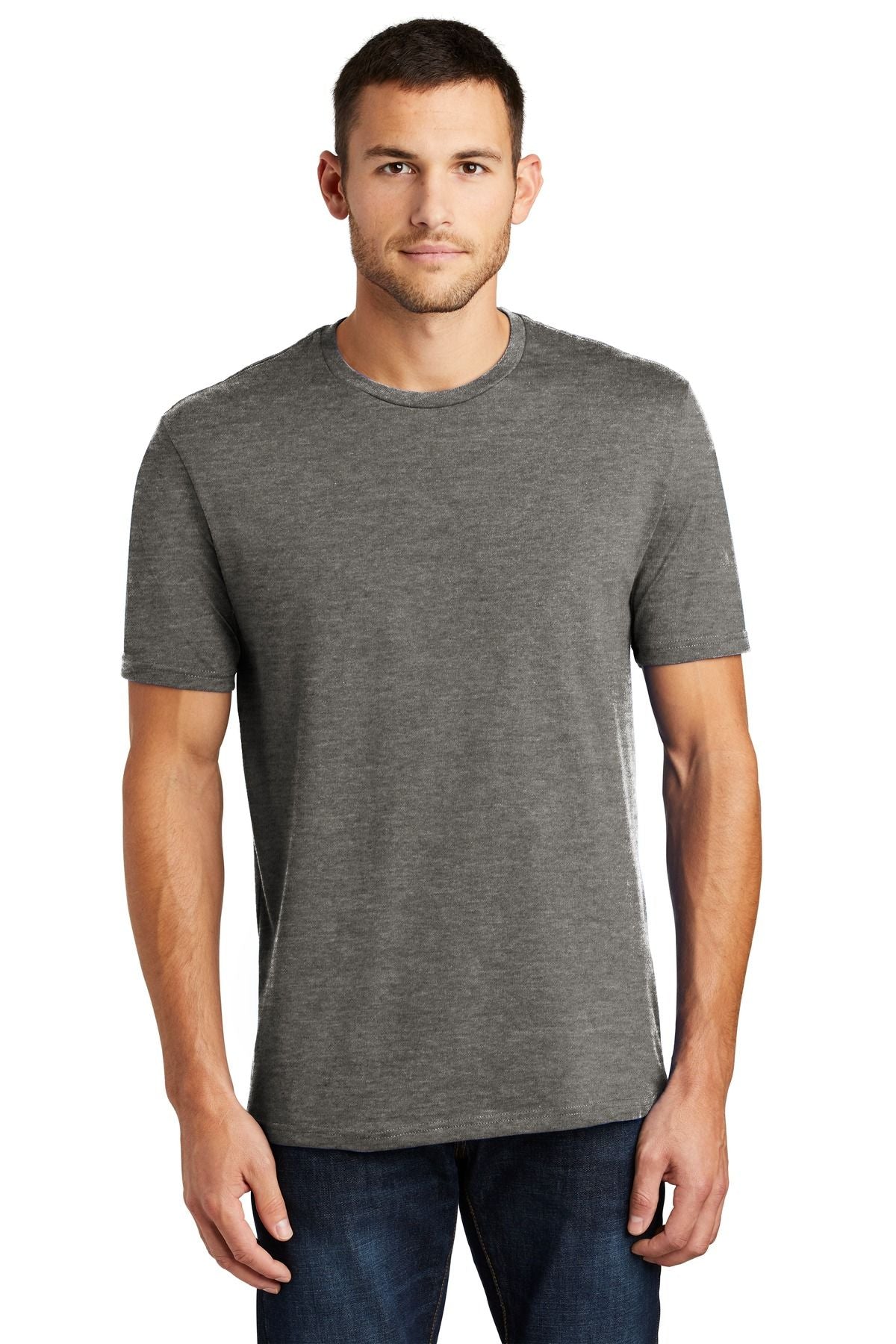Heathered dark gray crew-neck tee with short sleeves and a straight hem