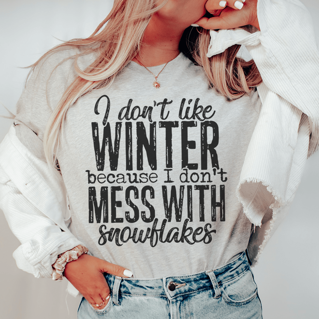 Heather gray crewneck T-shirt with winter slogan graphic on the front