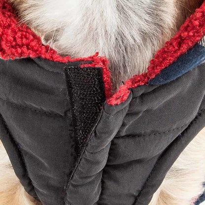 Close-up of insulated dog coat front, black fabric with red fleece trim and zipper