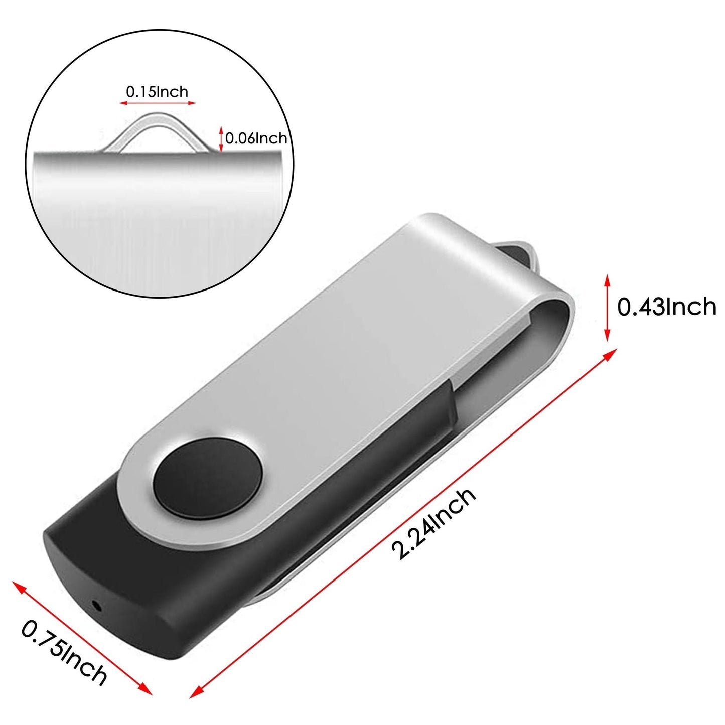 Metal swivel USB flash drive with silver body and black cap, visible USB connector