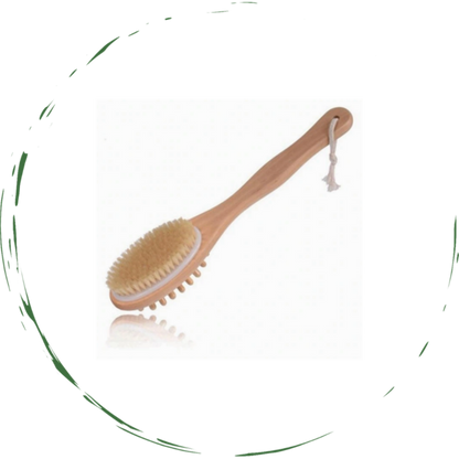 Wooden bath massage brush with soft bristle head and hanging loop