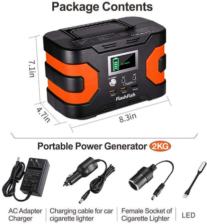 Portable power generator with included adapters and charging cables, black with orange sides