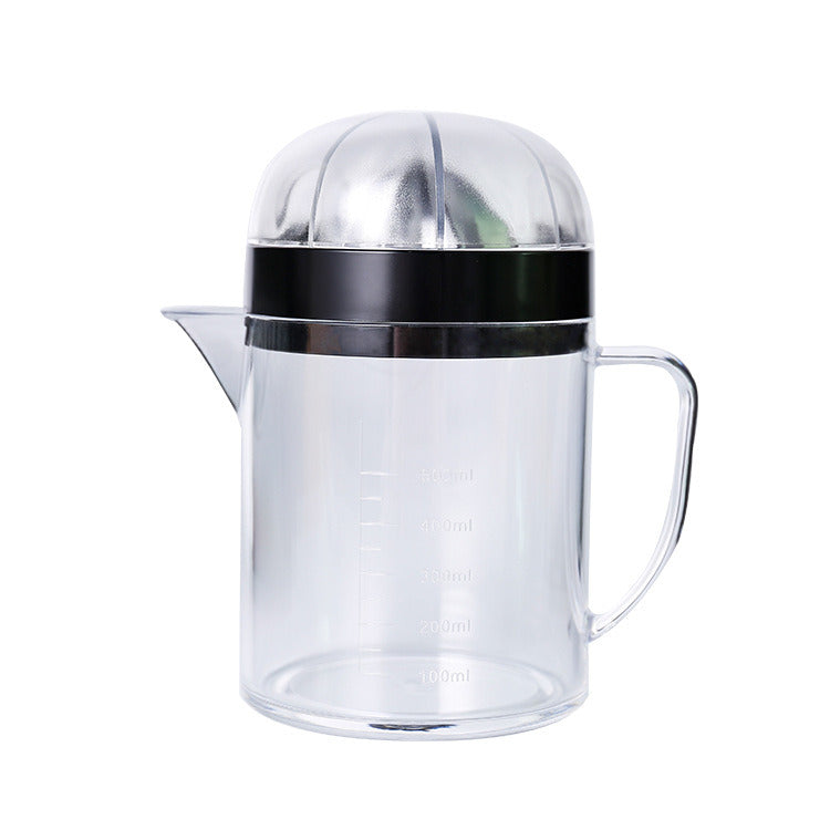 Clear citrus juicer pitcher with black collar and stainless reamer dome, built-in strainer