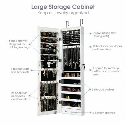 Mirrored jewelry cabinet with organized hooks, ring slots, drawers, and storage shelves