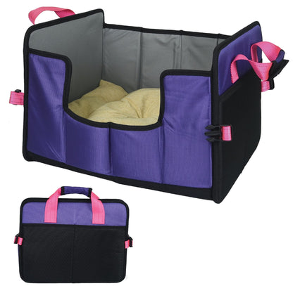 Folding travel pet bed with matching carry pouch, purple with black sides and pink straps