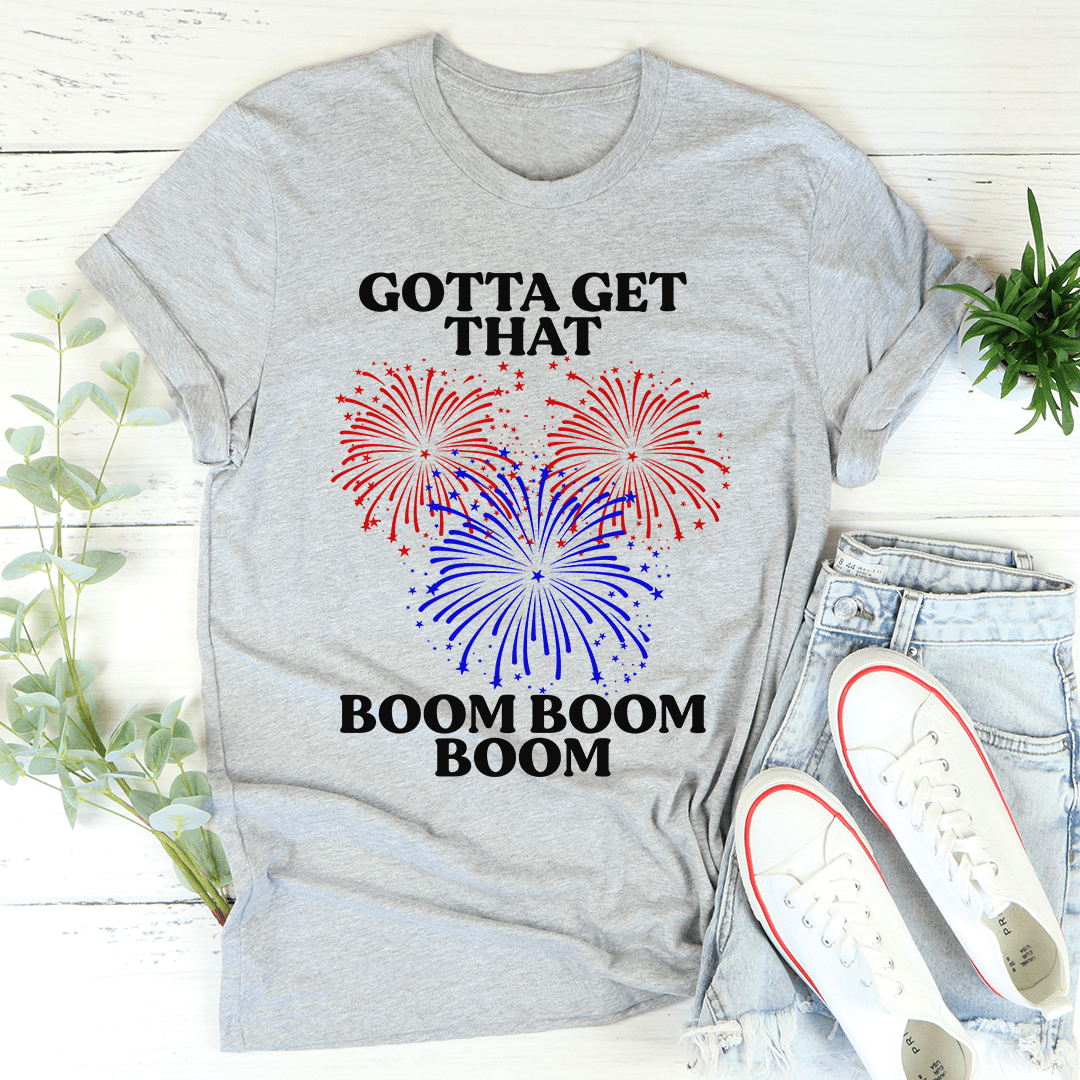 Heather gray crewneck T-shirt with fireworks graphic and 'BOOM BOOM BOOM' text