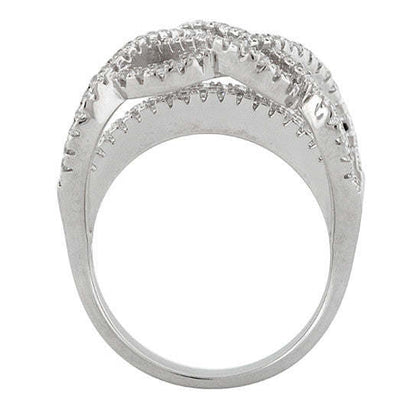 Silver-tone CZ ring band profile, smooth inside shank with stone-set outer rim