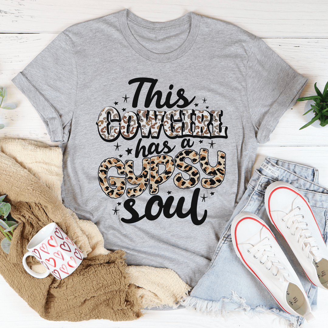 Athletic heather gray T-shirt with leopard 'cowgirl' and 'soul' graphic on front