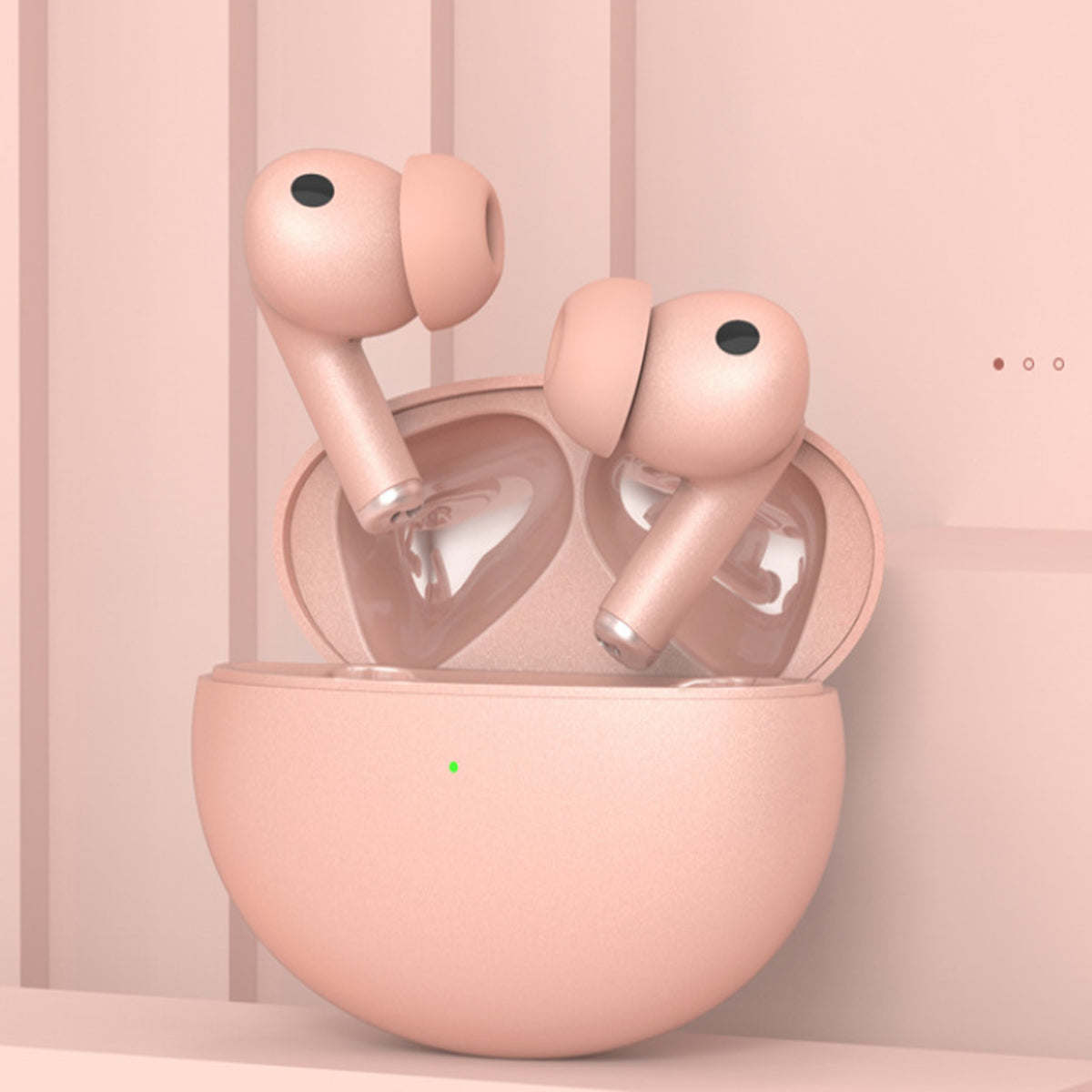 Pink wireless earbuds in an open charging case with smooth rounded design