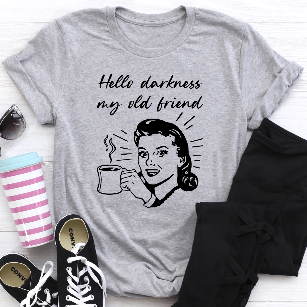 Gray heather crewneck T-shirt with script text graphic and woman holding a mug illustration