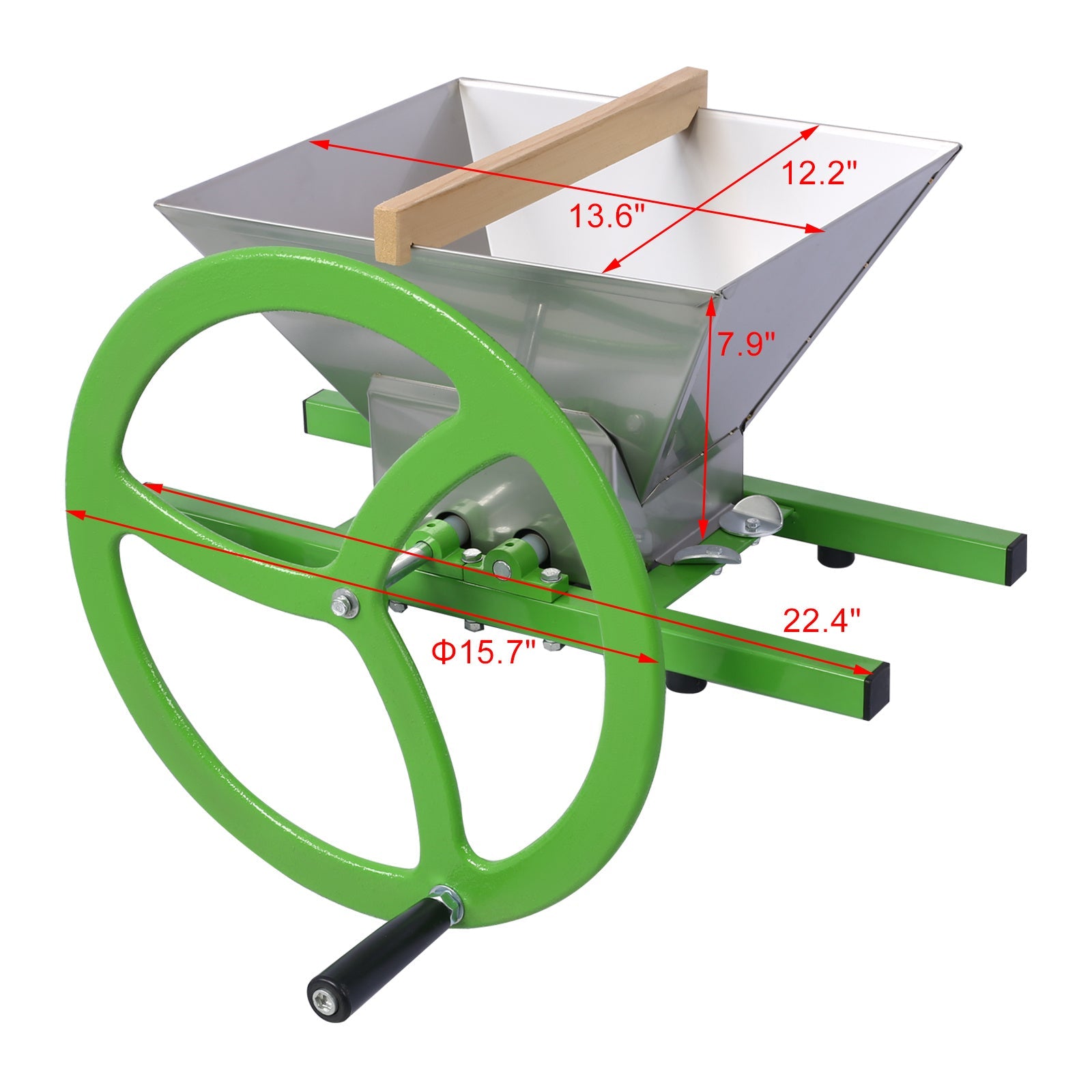 Manual juicer grinder with dimension markings, green wheel, stainless hopper, feed chute