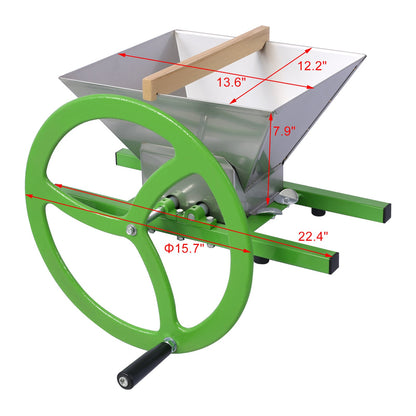 Manual juicer grinder with dimension markings, green wheel, stainless hopper, feed chute