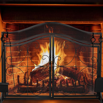 Arch metal fireplace screen with double doors and decorative scrollwork across mesh