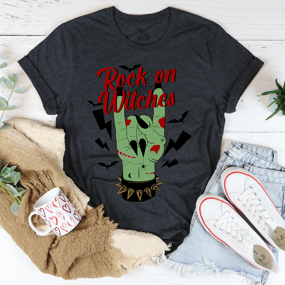 Dark grey heather crewneck T-shirt featuring green witch skull graphic and 'Rock on Witches' lettering