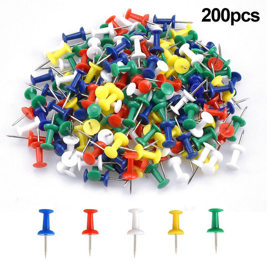 Multi-colored push pins with plastic heads and steel points, assorted pile of 200 pcs